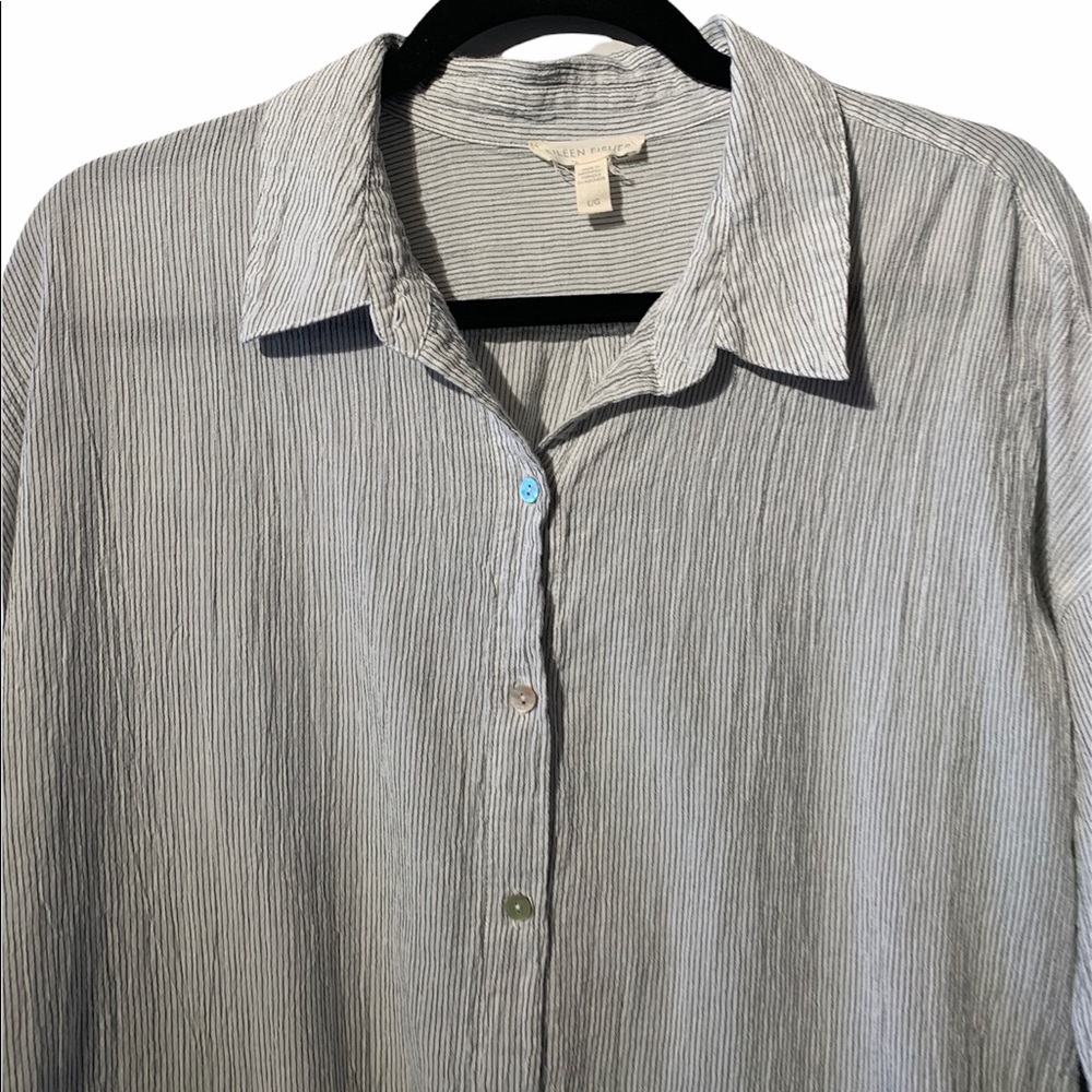 Eileen Fisher Striped Button-Up Crinkled Blouse - Picture 3 of 10